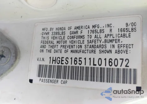 2001 Honda Civic Lx из США, поврежденный, VIN 1HGES16511L016072